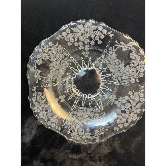 New Martinsville Flower Basket-Clear 11 Inch 3 Toed Footed Etched Crimped Bowl - Picture 3 of 6